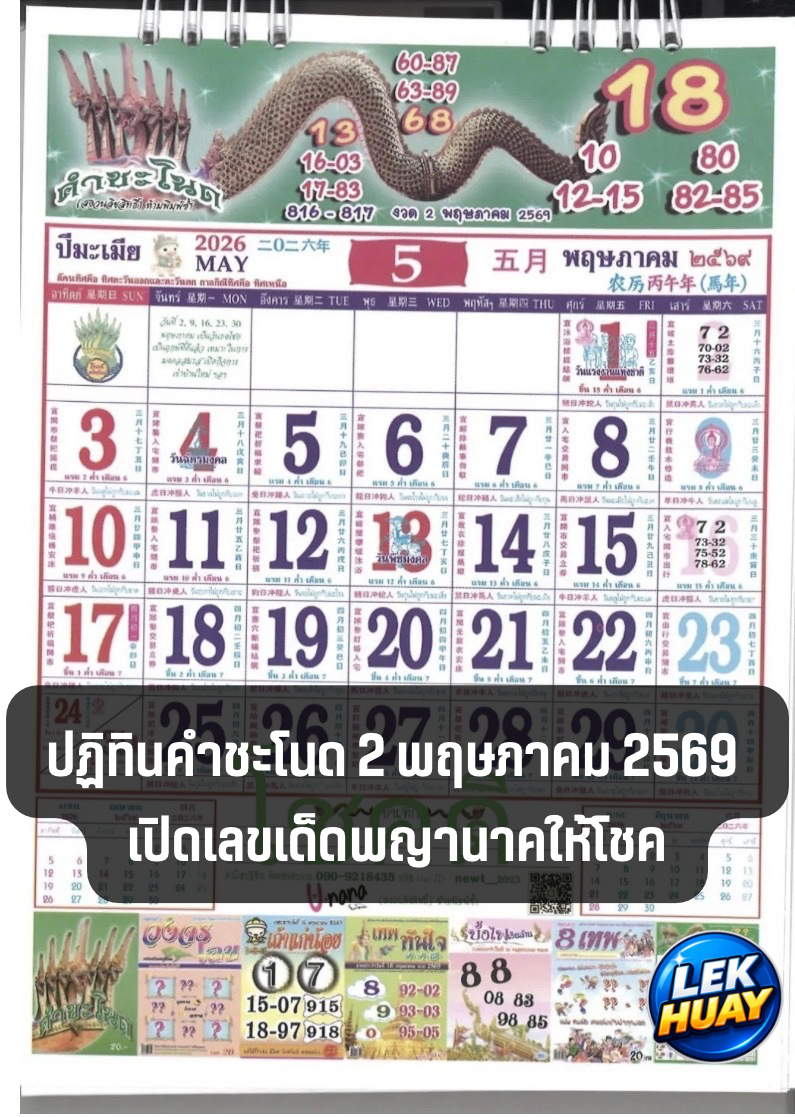 ปฏิทินคำชะโนด 2 พฤษภาคม 2569 เปิดเลขเด็ดพญานาคให้โชค ลุ้นรวยรางวัลใหญ่หวยวันแรงงาน