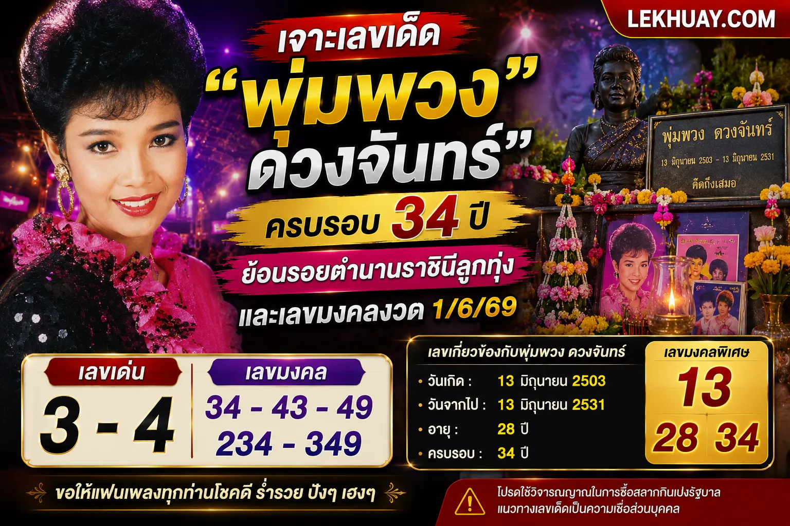 เจาะเลขเด็ด "พุ่มพวง ดวงจันทร์" ครบรอบ 34 ปี ย้อนรอยตำนานราชินีลูกทุ่งและเลขมงคลงวด 1/6/69