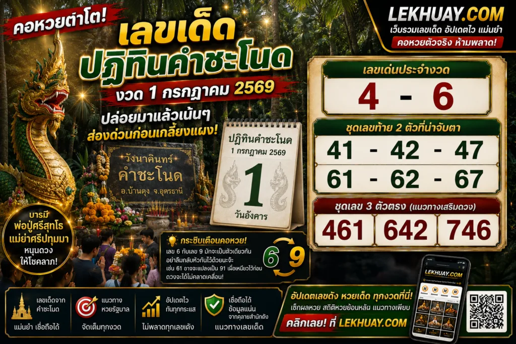 เลขเด็ดปฏิทินคำชะโนด งวดวันที่ 1 กรกฎาคม 2569 เลขเด่น 4-6 เลขท้าย 2 ตัว 41, 42, 47, 61, 62, 67 เลขท้าย 3 ตัว 461, 642, 746