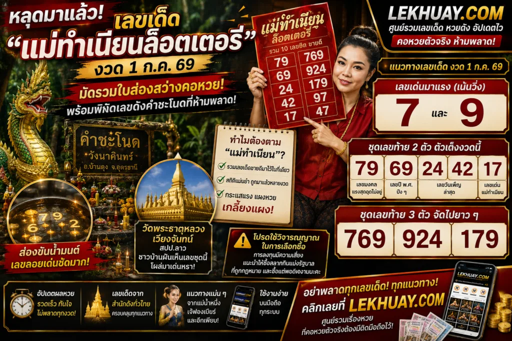 เลขเด็ดแม่ทำเนียนงวดวันที่ 1 กรกฎาคม 2569 แสดงเลขท้าย 2 ตัวและ 3 ตัวที่น่าสนใจ พร้อมข้อมูลเลขจากคำชะโนดและวัดพระธาตุหลวง