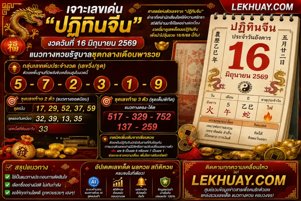 เจาะเลขเด่น "ปฏิทินจีน" งวดวันที่ 16 มิถุนายน 2569 แนวทางหวยรัฐบาลชุดกลางเดือนพารวย