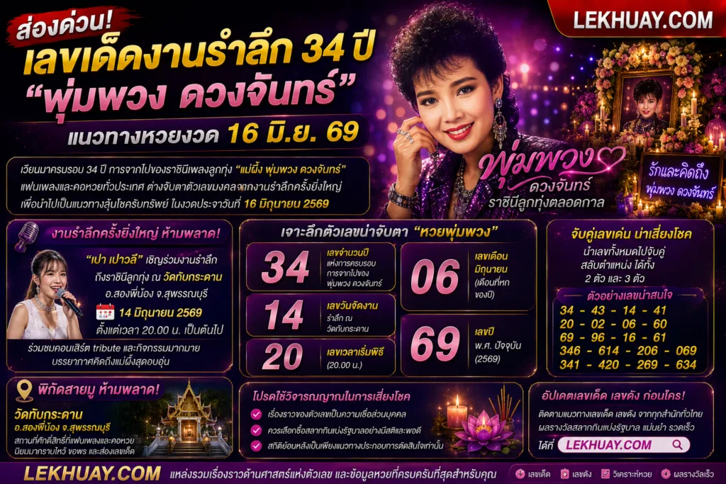 ส่องด่วน! เลขเด็ดงานรำลึก 34 ปี "พุ่มพวง ดวงจันทร์" แนวทางหวยงวด 16 มิ.ย. 69