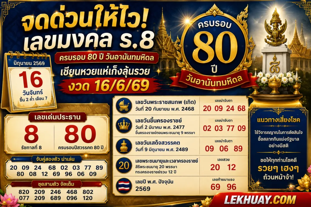 จดด่วนให้ไว! เลขมงคล ร.8 ครบรอบ 80 ปี วันอานันทมหิดล เซียนหวยแห่เก็งลุ้นรวยงวด 16/6/69