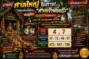 สรุปเลขเด็ดศาลเจ้าพ่อแก้ววังทอง จ.พิษณุโลก สำหรับแนวทางหวยลาววันที่ 15 กรกฎาคม 2569 เลขเด่น 4, 7 เลขท้าย 2 ตัว 47, 72, 49, 07 และเลขท้าย 3 ตัว 472, 947, 709
