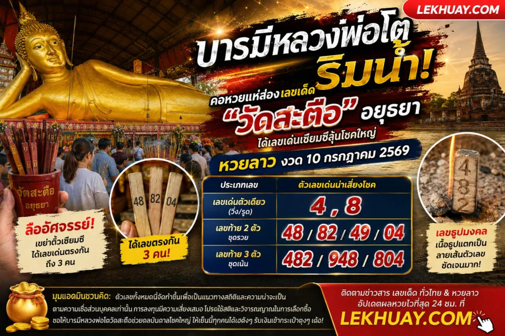 อินโฟกราฟิกสรุปเลขเด็ดจากวัดสะตือสำหรับหวยลาวงวด 10 กรกฎาคม 2569 ได้แก่ เลขวิ่ง 4, 8 เลขท้าย 2 ตัว 48, 82, 49, 04 และเลขท้าย 3 ตัว 482, 948, 804