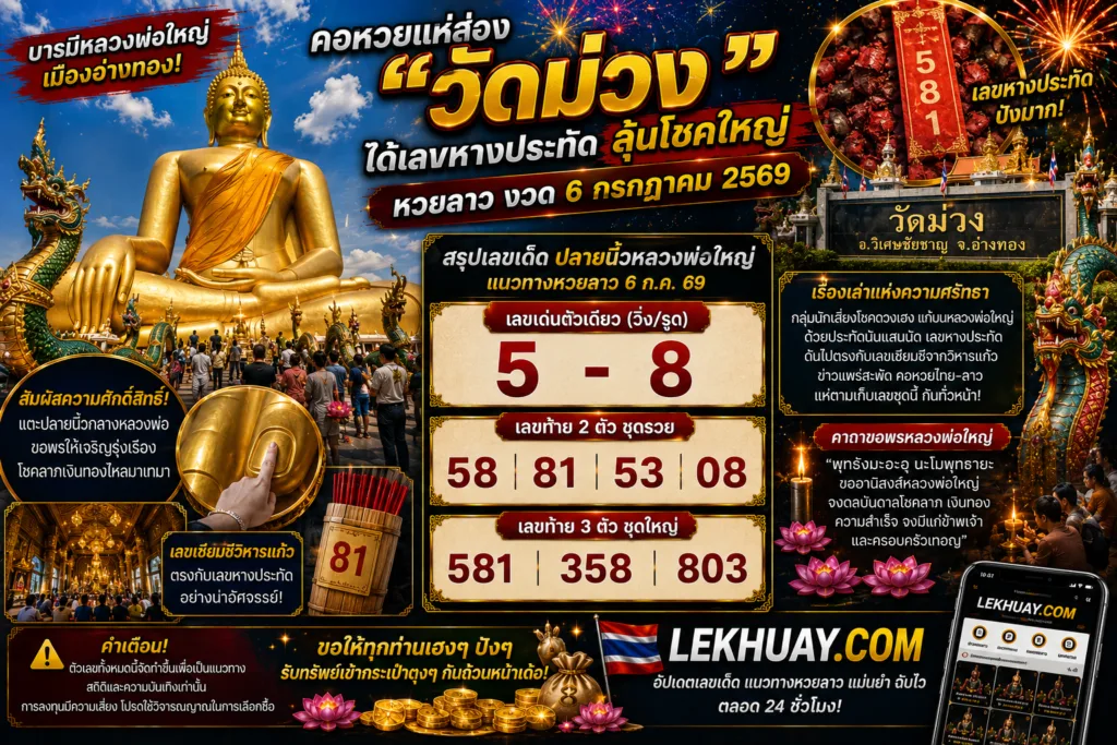 สรุปแนวทางหวยลาว งวดวันที่ 6 กรกฎาคม 2569 จากวัดม่วง จังหวัดอ่างทอง โดยมีเลขเด่นคือ 5 และ 8 พร้อมชุดเลขท้าย 2 ตัว ได้แก่ 58, 81, 53, 08 และเลขท้าย 3 ตัว ได้แก่ 581, 358, 803