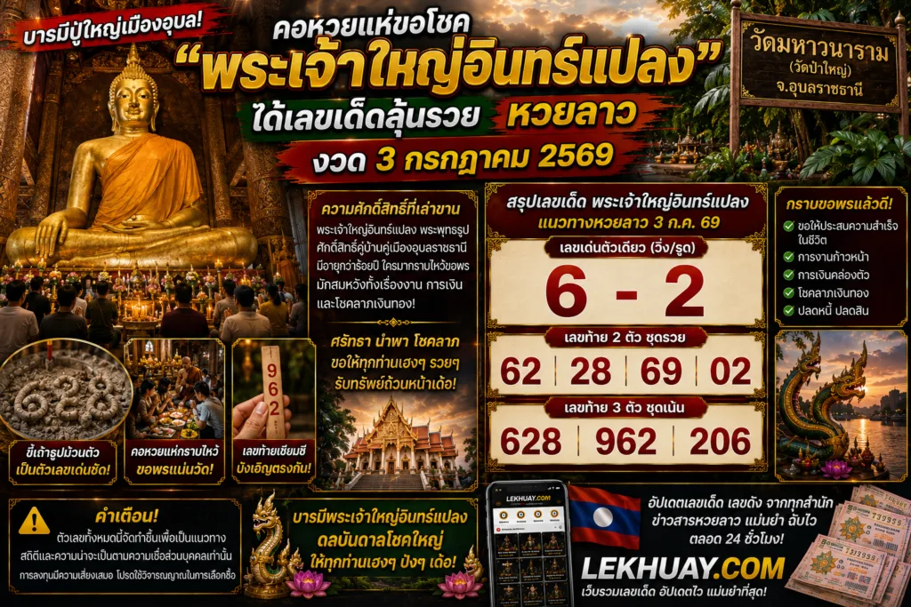 อินโฟกราฟิกสรุปแนวทางหวยลาว งวดวันที่ 3 กรกฎาคม 2569 จากพระเจ้าใหญ่อินทร์แปลง วัดมหาวนาราม จังหวัดอุบลราชธานี โดยมีเลขเด่นคือ 6 และ 2 พร้อมชุดเลขท้าย 2 ตัวและ 3 ตัวที่แนะนำ #หวยแม่น้ำหนึ่ง