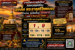 อินโฟกราฟิกสรุปเลขเด็ดพระธาตุศรีโคตรบองสำหรับหวยลาวงวดวันที่ 4 สิงหาคม 2569 โดยมีเลขเด่นคือ 1 และ 9 พร้อมชุดเลขท้าย 2 ตัวและ 3 ตัว รวมถึงภาพบรรยากาศพระธาตุและเครื่องสักการะบูชา