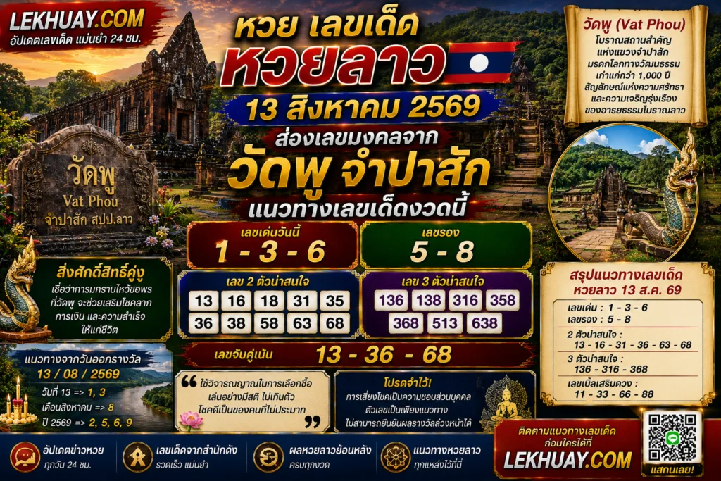 อินโฟกราฟิกสรุปแนวทางเลขเด็ดหวยลาวประจำวันที่ 13 สิงหาคม 2569 โดยมีเลขเด่นคือ 1, 3, 6 และเลขรองคือ 5, 8 พร้อมชุดตัวเลข 2 ตัวและ 3 ตัวที่น่าสนใจจากวัดพู แขวงจำปาสัก ประเทศลาว