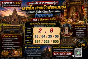 สรุปเลขเด็ดศาลเจ้าพ่อพนมรุ้งสำหรับหวยลาวงวด 3 สิงหาคม 2569 เลขเด่นคือ 2 และ 8 เลขท้าย 2 ตัว ได้แก่ 28, 84, 25, 08 และเลขท้าย 3 ตัว ได้แก่ 284, 528, 805