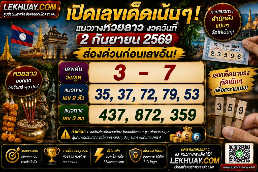 เลขเด็ดหวยลาว งวดวันที่ 2 กันยายน 2569 เลขเด่น 3-7 เลข 2 ตัว 35, 37, 72, 79, 53 และเลข 3 ตัว 437, 872, 359