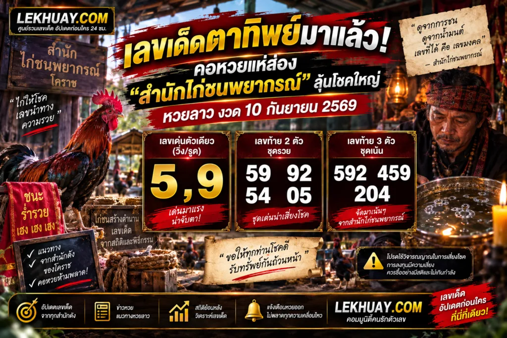 สรุปเลขเด็ดหวยลาว งวด 10 กันยายน 2569 จากสำนักไก่ชนพยากรณ์: เลขเด่น 5, 9 เลขท้าย 2 ตัว ได้แก่ 59, 92, 54, 05 และเลขท้าย 3 ตัว ได้แก่ 592, 459, 204